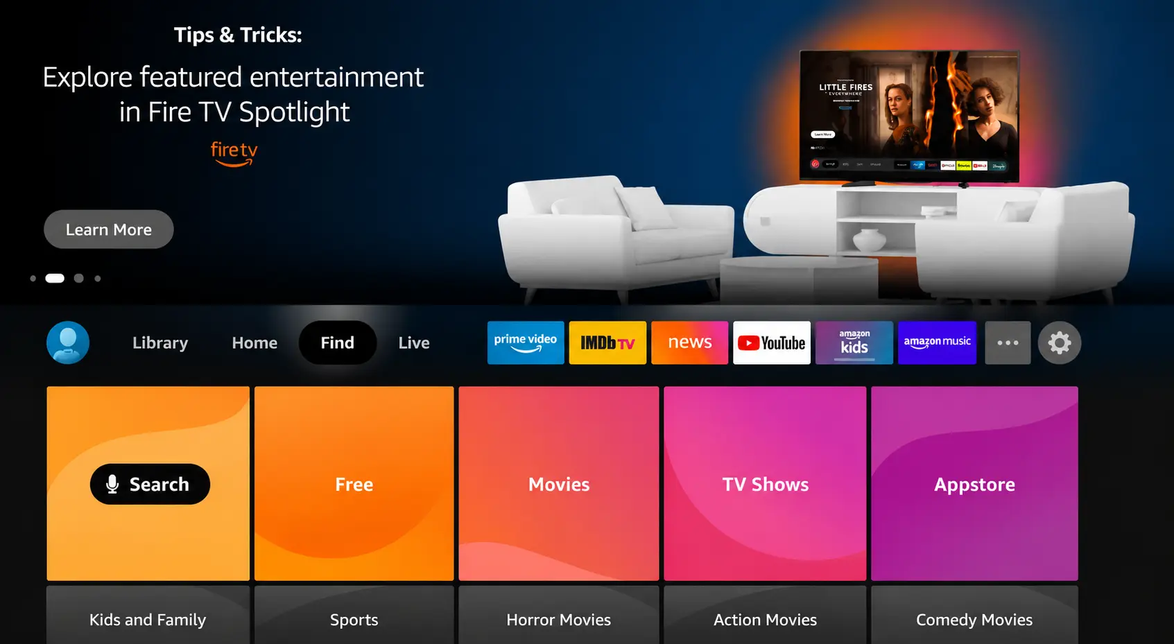 Firestick home screen hover over Find option